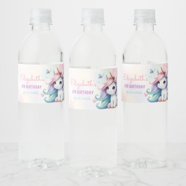 Magical Pastel Unicorn Rainbow Birthday Water Bottle Label (Bottles)