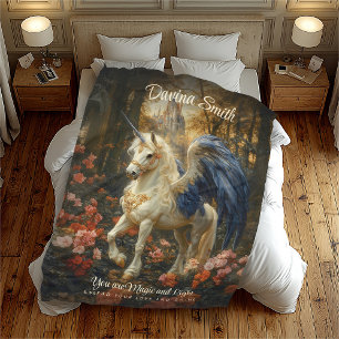 Magical Pegasus White Blue Fantasy Unicorn Fleece Blanket