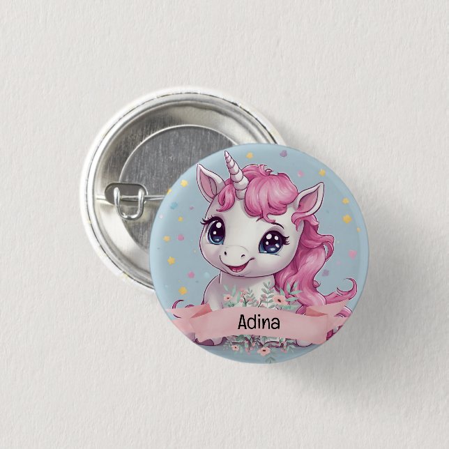 Magical Pink Baby Unicorn Stars Custom Name 1 Inch Round Button (Front & Back)