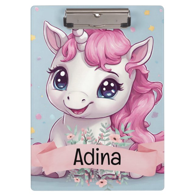 Magical Pink Baby Unicorn Stars Custom Name Clipboard (Front)