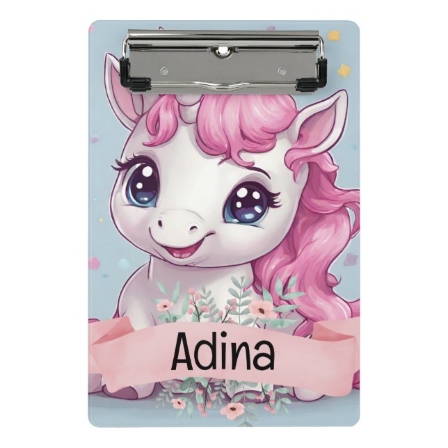 Magical Pink Baby Unicorn Stars Custom Name Mini Clipboard (Front)