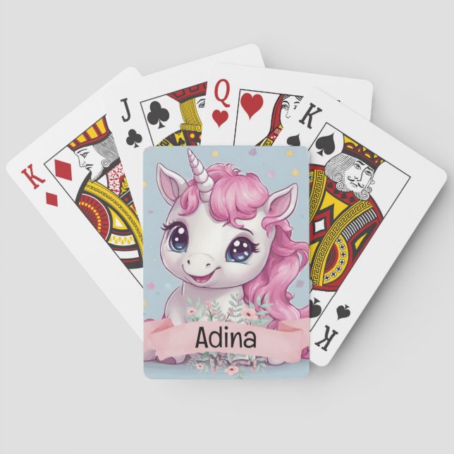 Magical Pink Baby Unicorn Stars Custom Name Playing Cards (Back)