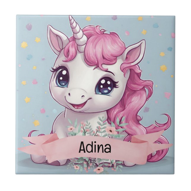 Magical Pink Baby Unicorn Stars Custom Name Tile (Front)