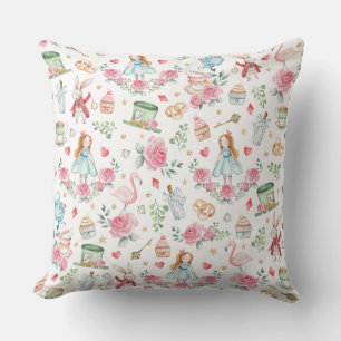 Magical Pink Floral Alice in Wonderland Throw Pillow