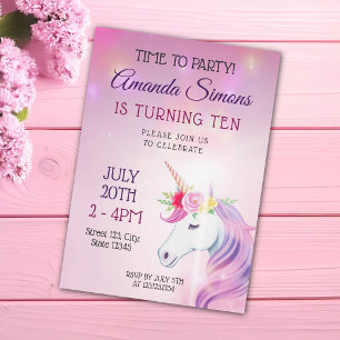 Magical Pink Floral Unicorn Girl 10th Birthday Invitation
