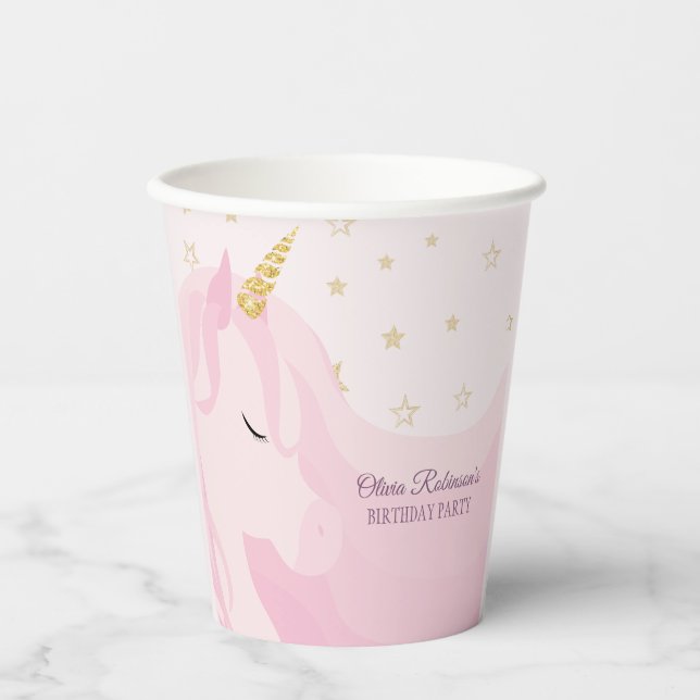 Magical Pink Gold Unicorn Birthday  Paper Cups (Front)