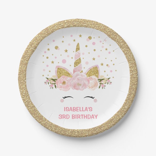 Magical Pink Gold Unicorn Birthday Party Paper Plate (Front)