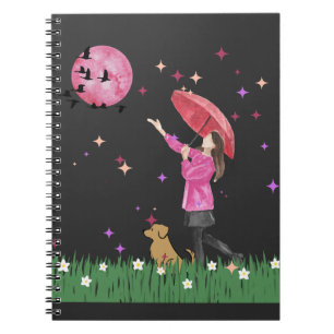 Magical Pink Moon & Dog Walk Watercolor Spiral Notebook
