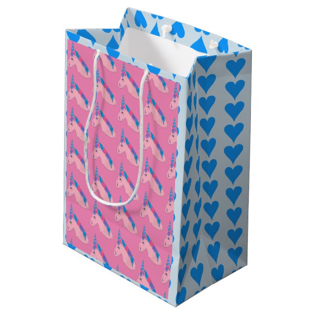 Magical Pink Purple Blue Heart Unicorn Fairytale Medium Gift Bag (Back Angled)