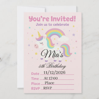 Magical Pink Unicorn Birthday Invitation | 5x7" Gi