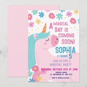 Magical Pink Unicorn Birthday Invitation Rainbow