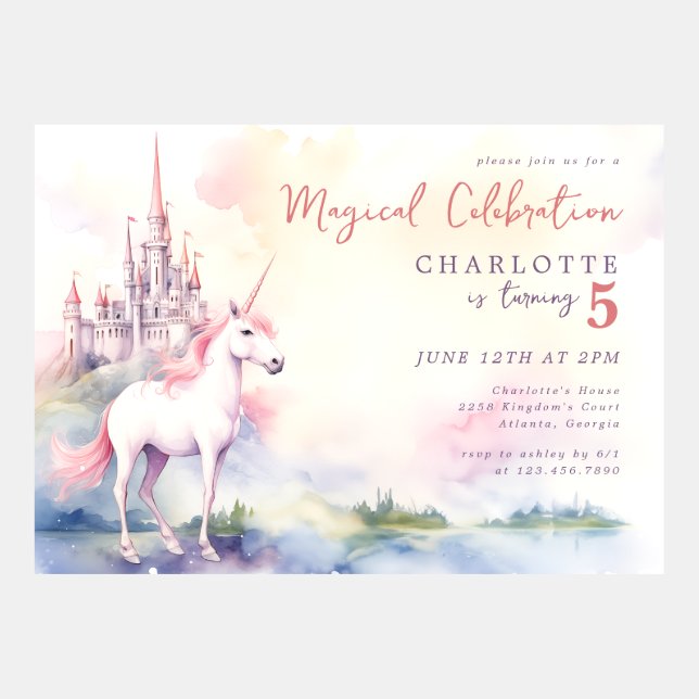 Magical Pink Unicorn Castle Birthday Invitation (Front)