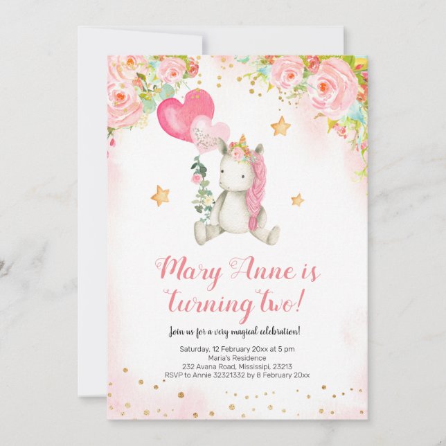 Magical pink unicorn girl second birthday invitation (Front)