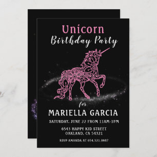 Magical Pink Unicorn Girls Birthday Party Invitation