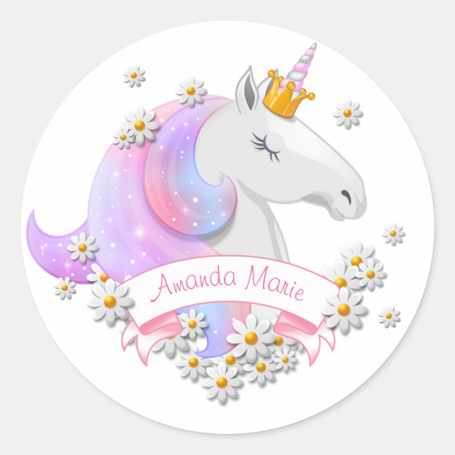 Magical Pink Unicorn Princess Personalised Name Classic Round Sticker (Front)