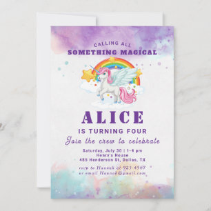 Magical Pink Unicorn Rainbow Kids Birthday Invitation