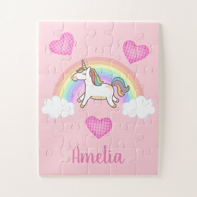 Magical Pink Unicorn Rainbow Personalized Kids Jigsaw Puzzle (Vertical)