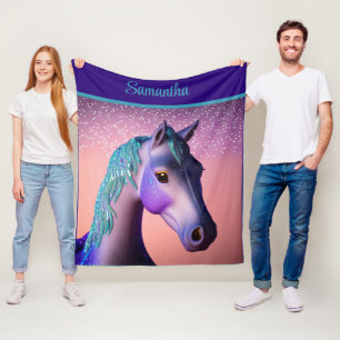Magical Pony in Purple and Teal with Custom Name   Fleece Blanket