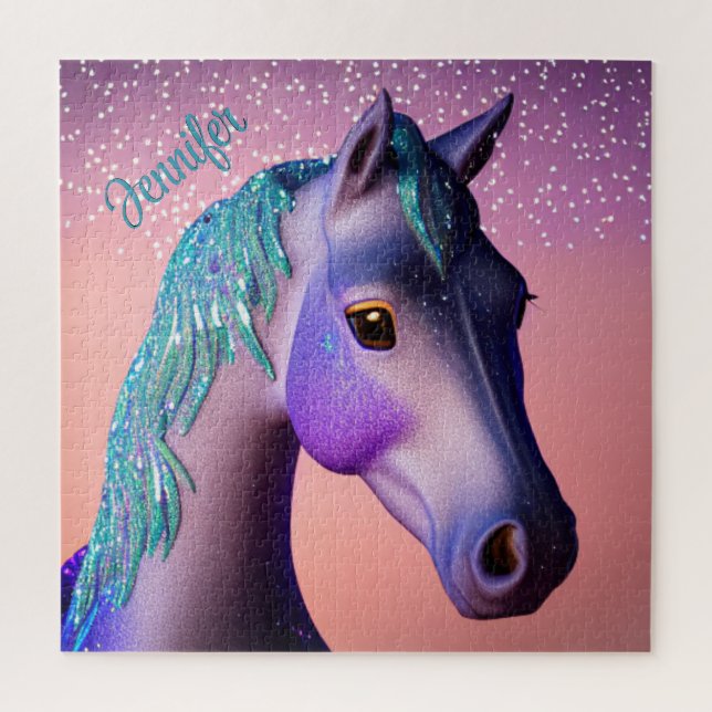 Magical Pony in Purple and Teal with Custom Name   Jigsaw Puzzle (Vertical)