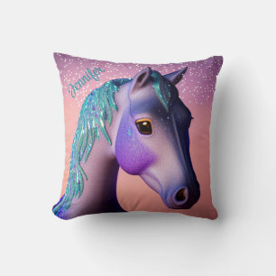 Magical Pony in Purple and Teal with Custom Name Throw Pillow
