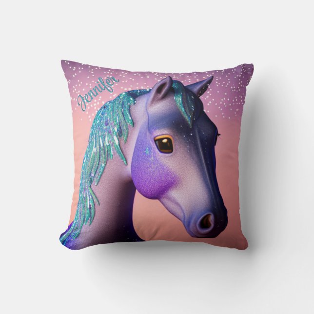 Magical Pony in Purple and Teal with Custom Name   Throw Pillow (Front)