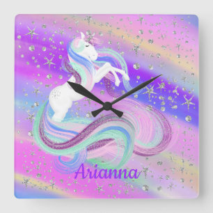 Magical Pretty Unicorn Silver Stars Square Wall Clock