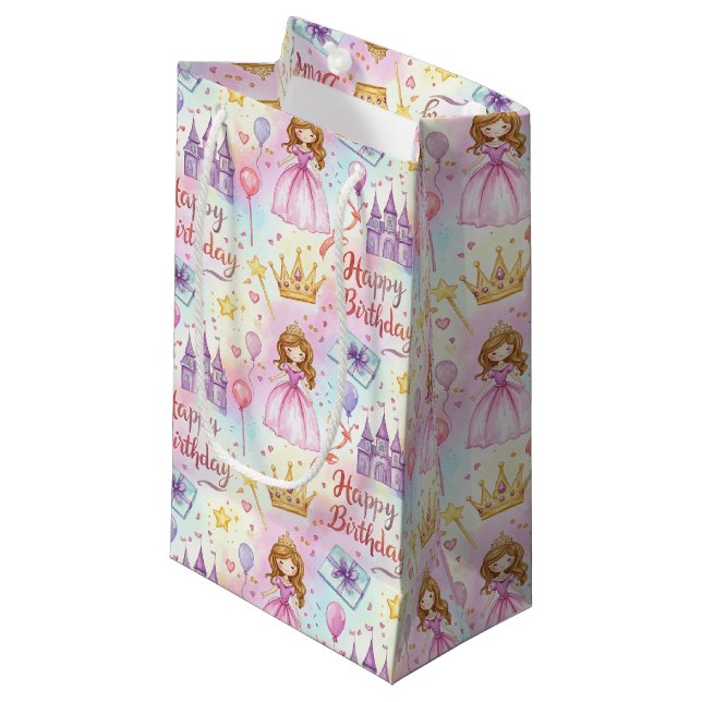 Magical Princess Birthday Watercolor Design Small Gift Bag (Front Angled)