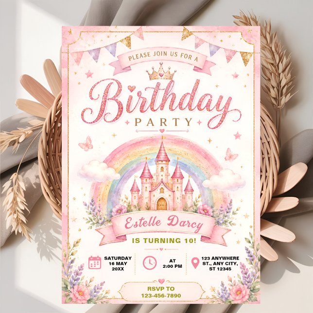 Magical Princess Castle Rainbow Birthday Invitation (Creator Uploaded)