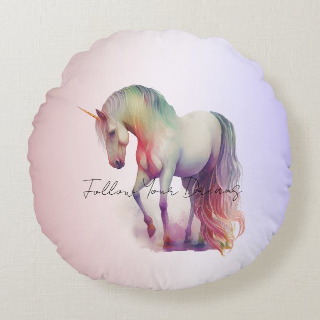 Magical Purple Blush Ombre Unicorn Glitter Round Pillow (Front)