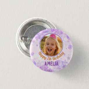 Magical Purple Photo Happy Birthday Party  1 Inch Round Button