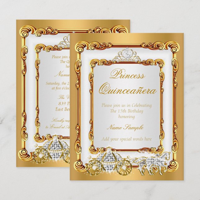 Magical Quinceanera White Gold Horse and Carriage Invitation (Front/Back)