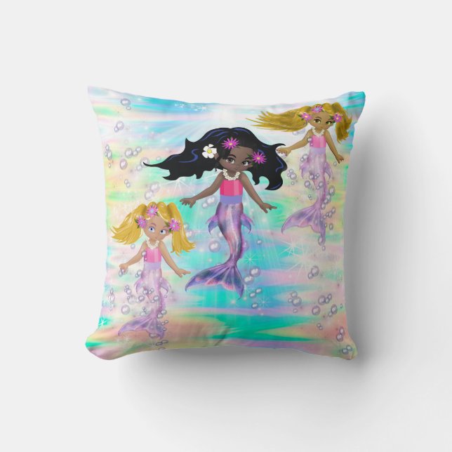 Magical Rainbow Bubbles & 3 Baby Mermaids Throw Pillow (Front)