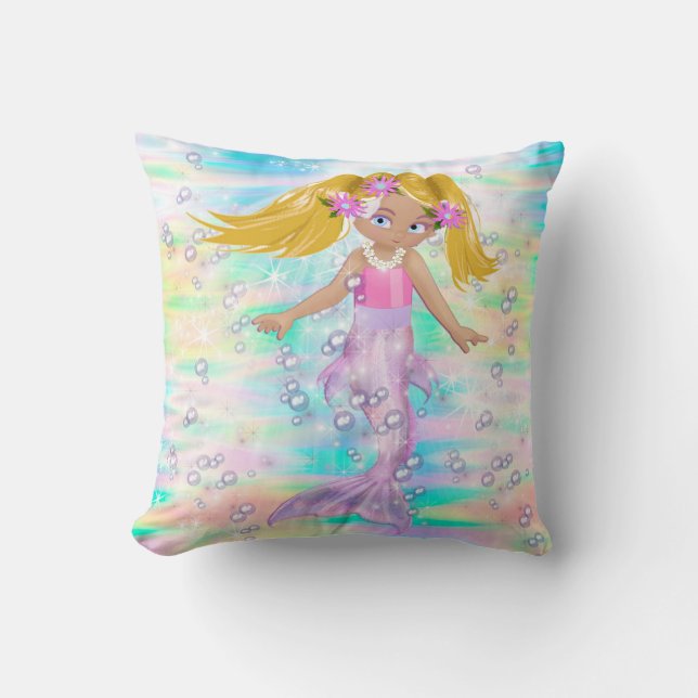 Magical Rainbow Bubbles & Baby Mermaids Throw Pillow (Front)