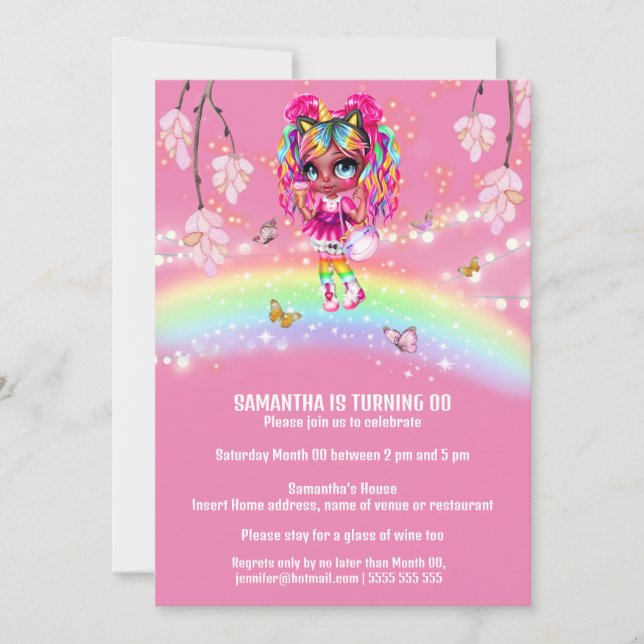 Magical rainbow girl fantasy shiny lights melanin invitation (Front)