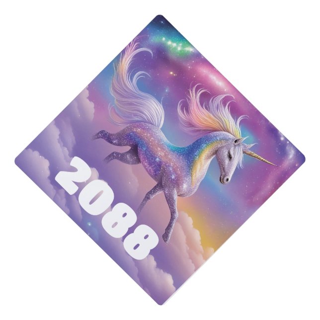 Magical Rainbow Glitter White Unicorn Sparkles Graduation Cap Topper (Front)