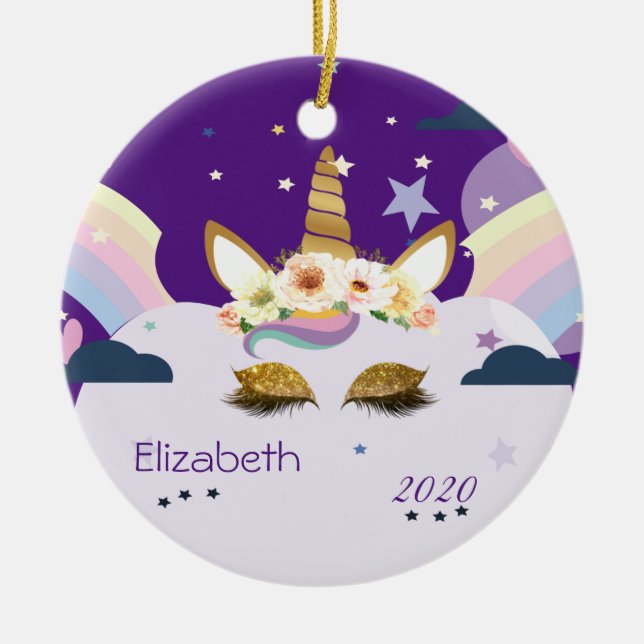 Magical Rainbow Gold Glitter Unicorn Stars,Clouds Ceramic Ornament (Front)