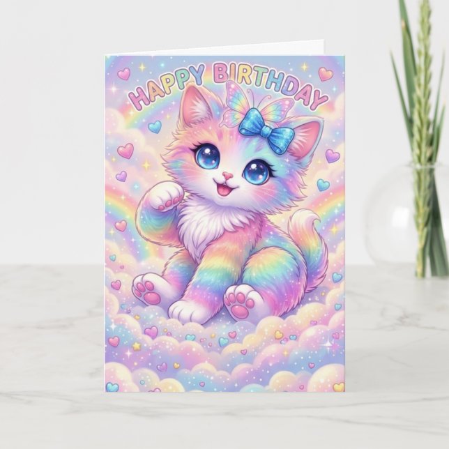 Magical Rainbow Kitten Children's Whimsical  Card (Front)