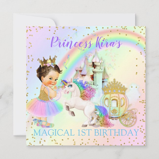 Magical Rainbow Princess Castle Carriage Unicorn Invitation (Front)