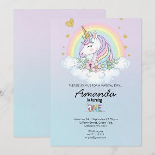 Magical Rainbow Unicorn 1st Birthday Invitation