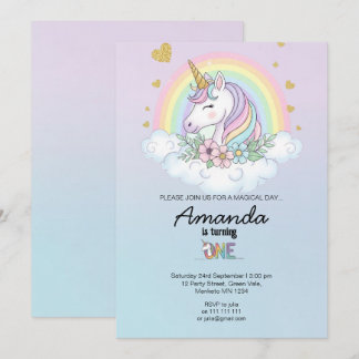Magical Rainbow Unicorn 1st Birthday Invitation