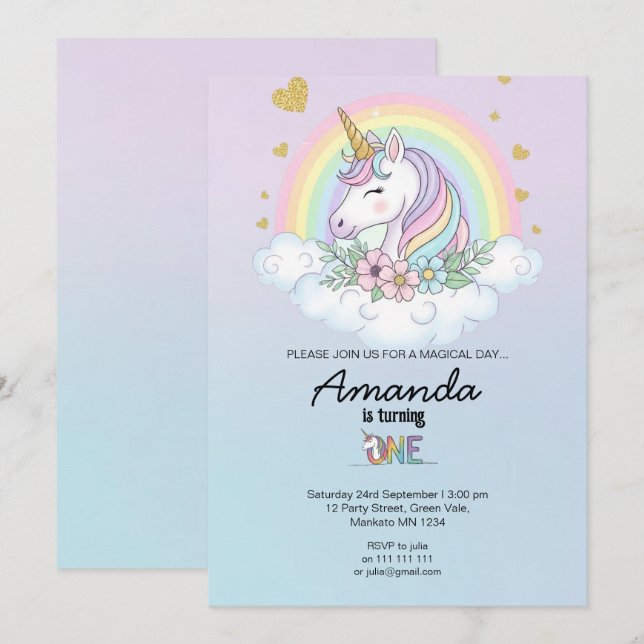 Magical Rainbow Unicorn 1st Birthday Invitation (Front/Back)