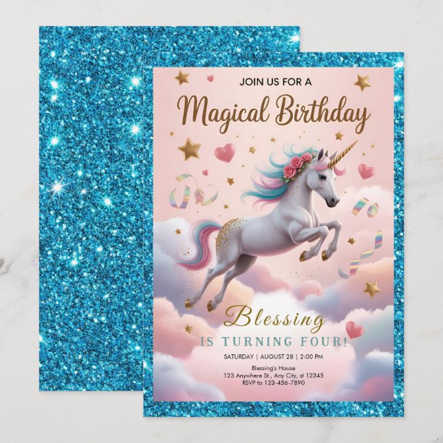 Magical Rainbow Unicorn 4th Birthday Invitation (Front/Back)