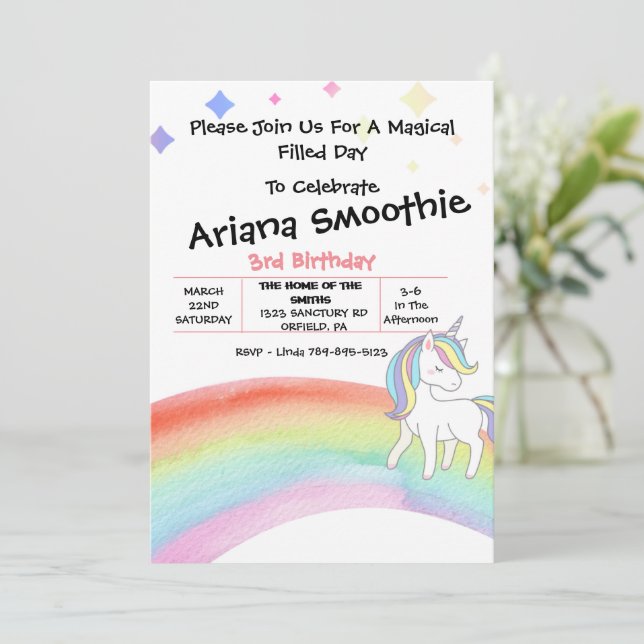 Magical Rainbow Unicorn Birthday Invitation (Standing Front)