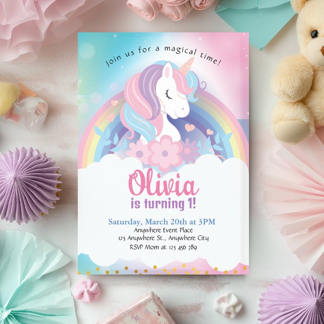 Magical Rainbow Unicorn Birthday Invitation (Magical Pink Unicorn Birthday Invitation)