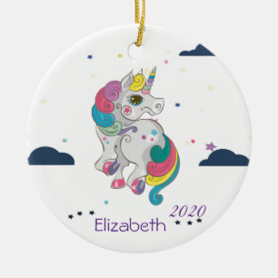 Magical Rainbow Unicorn, Clouds, Stars Ceramic Ornament