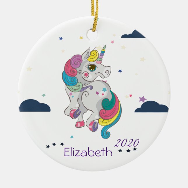 Magical Rainbow Unicorn, Clouds, Stars Ceramic Ornament (Front)