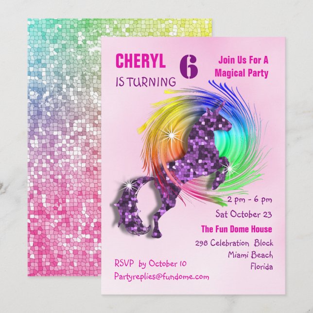 Magical Rainbow Unicorn Cute Girly Party Invite (Front/Back)