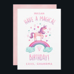 Magical Rainbow Unicorn Girl Birthday Card<br><div class="desc">A cute pink unicorn surrounded with hearts and standing on a rainbow decorates this cute girl unicorn birthday card. Personalize it for your favourite girl's birthday. Designed for you by Blackberry Boulevard.</div>