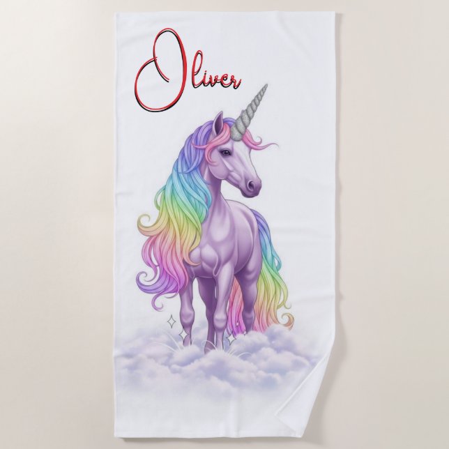 Magical Rainbow Unicorn name Personalized  Beach Towel (Front)