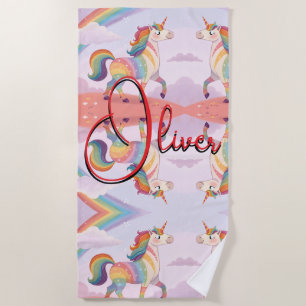 Magical Rainbow Unicorn name Personalized Beach Towel